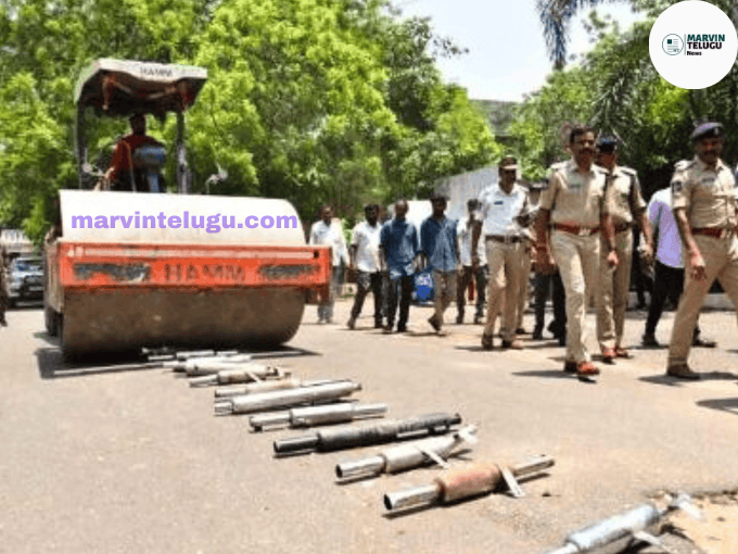 Karimnagar police remove 100 modified bike silencers from road with roller