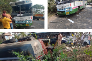 Road Accident | Oil tanker hits RTC bus in Hanmakonda, 12 injured